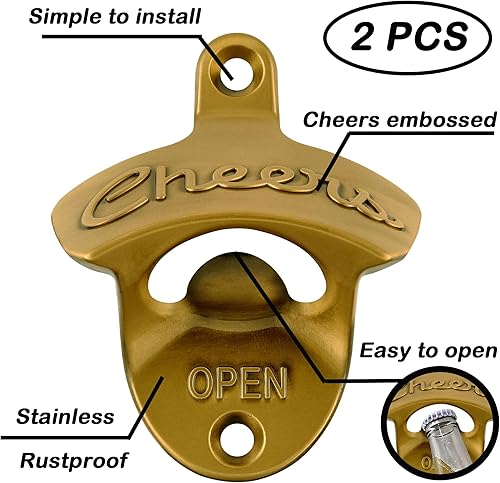 Miniatura 2 de Abridor de botellas Cheers montado en la pared de acero inoxidable para cerveza, montaje en poste dorado antiguo (paquete de 2)