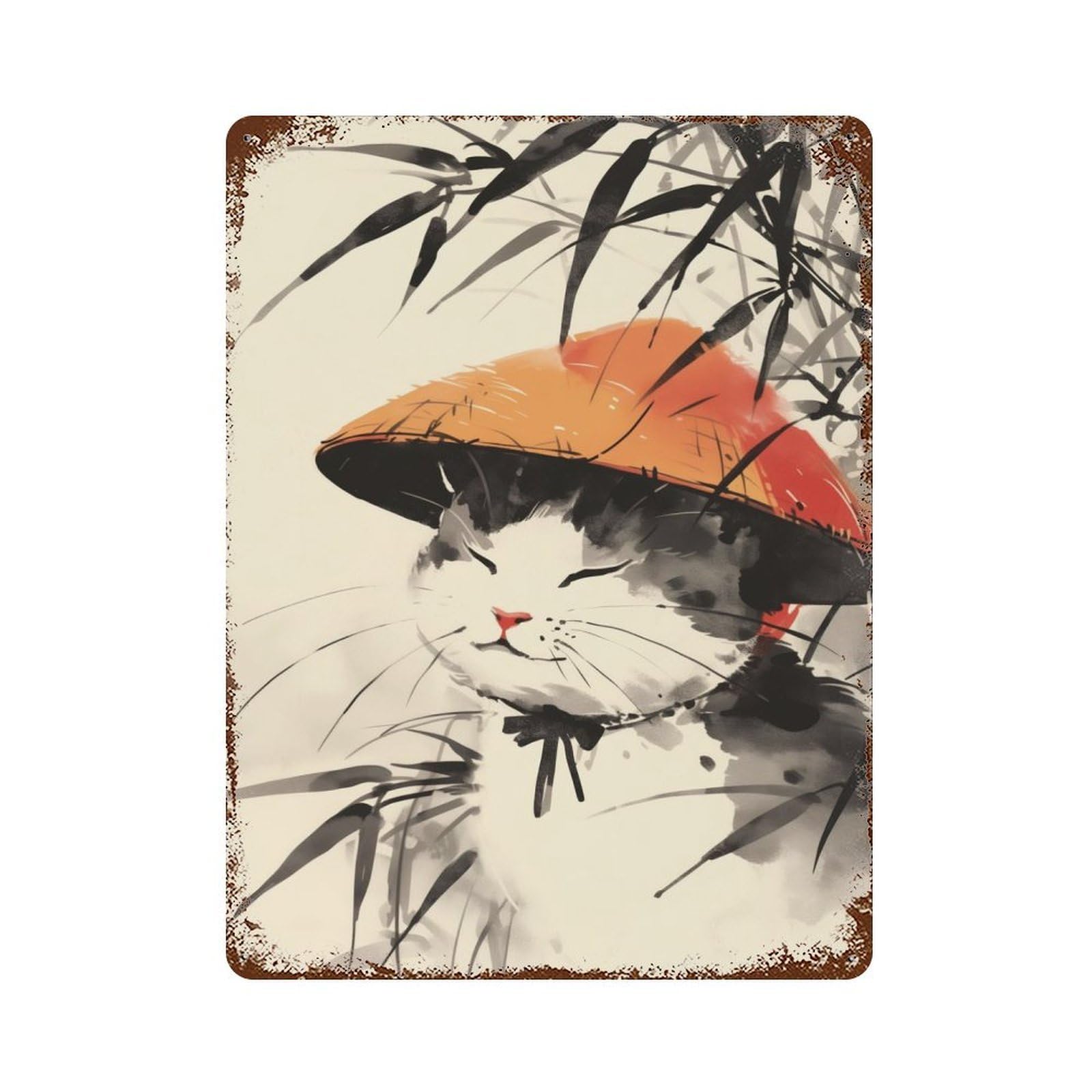 Distressed Metal Wall Sign with Happy Bamboo Japanese Cat Design 15.7"x11.8", for Office, Studio And Wall Decor, Industrial Home Decor