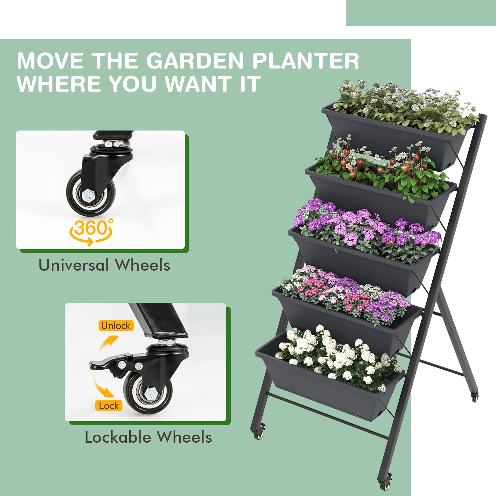GOPLUS Jardinera Vertical de 5 Niveles, Estantería para Plantas, Cama Elevada de Jardín con Ruedas, Orificios de Drenaje, Bandeja Extraíble, Huerto Urbano con 5 Macetas, para Verduras Flores (Negro)
