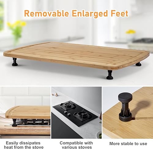 Miniatura 4 de Cubierta de estufa de tabla de fideos de 30 x 20 pulgadas con patas extraíbles, tabla de cortar de bambú para encimera, cubiertas superiores de