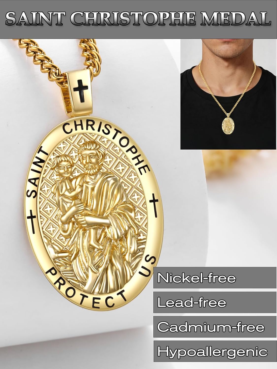 14K Gold Patron Saint Medals for Men Pendant Necklace Catholic Religious Birthday Gifts for Men with 2.5mm 22"+2" Rolo Chain