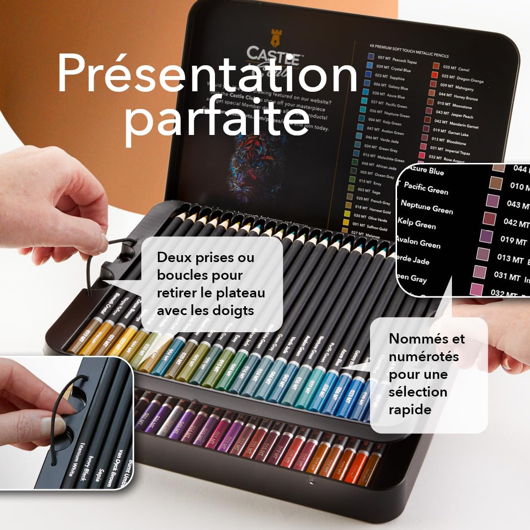 Castle Art Supplies Set de Crayons de Couleur Métallisés | 48 Tons Scintillants, Mines en Cire pour les Professionnels, Coloristes et Artistes Adultes | Protégés dans une Boîte de Présentation