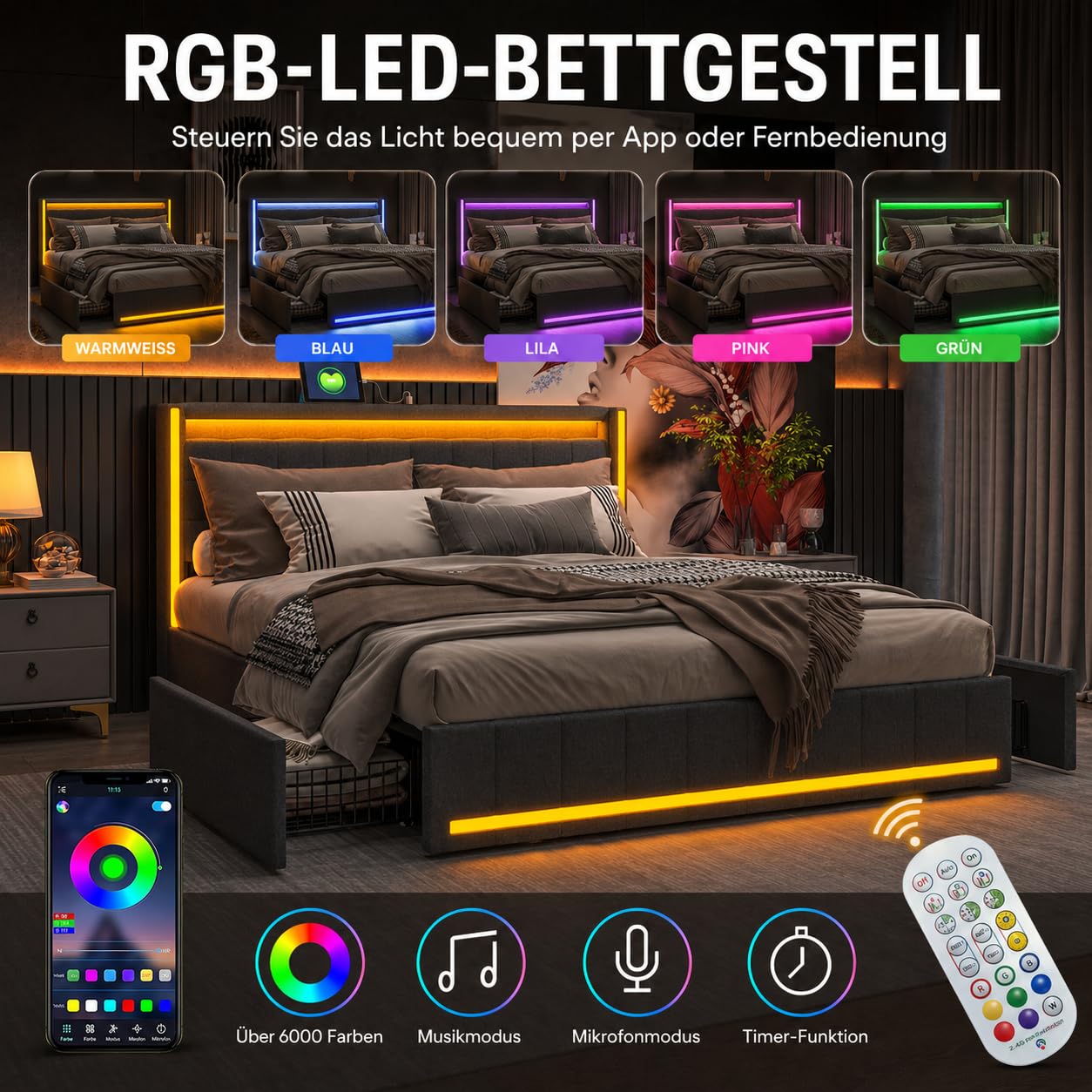 BRILVERDE Polsterbett 140x200 mit Stauraum, Doppelbett mit USB und LED, Jugendbett mit 4 Schubladen, Funktionsbett, Bettgestell mit Lattenrost, Linen (Grau, 140 x 200 cm)