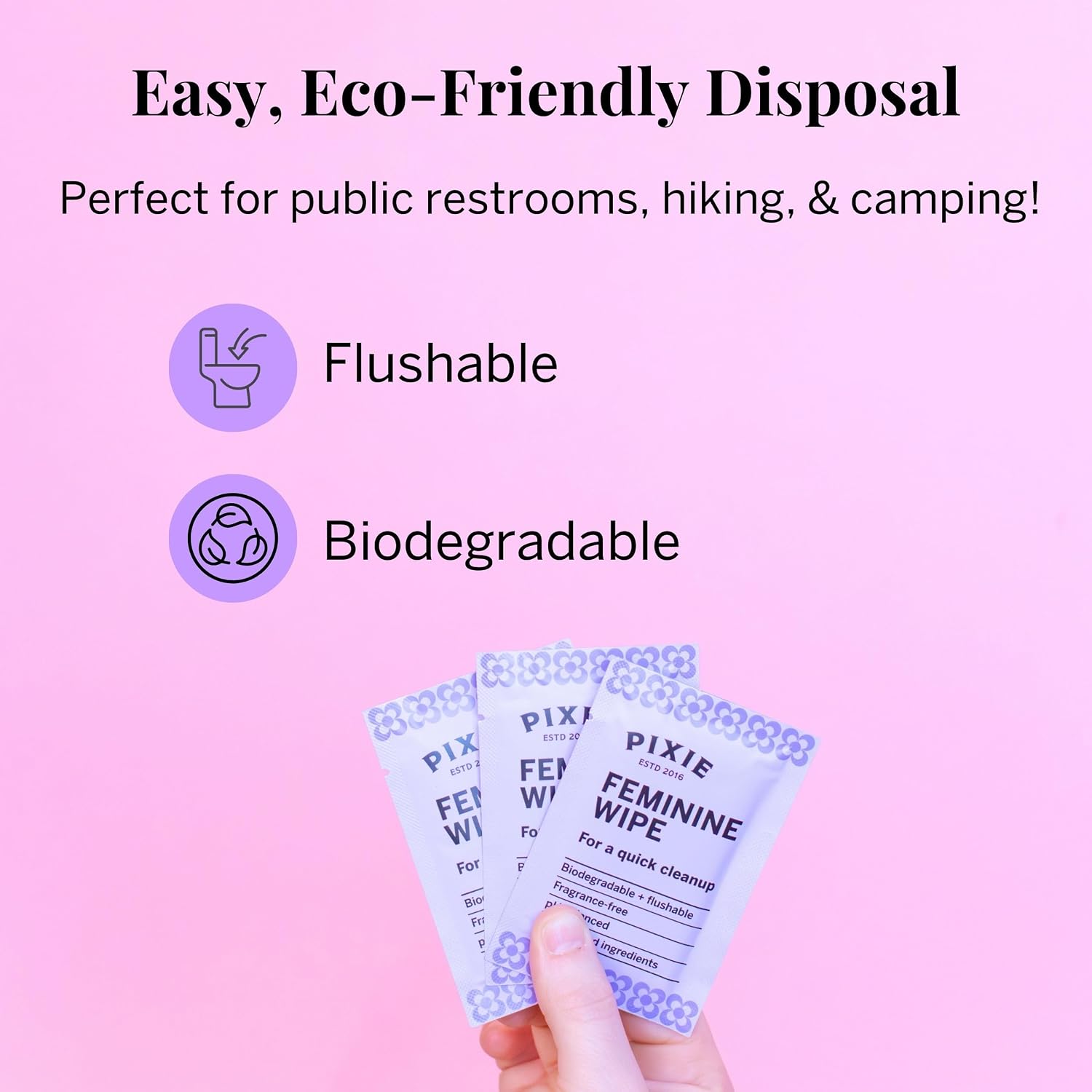 Pixie Feminine Wipes - Flushable, Biodegradable, & Ph Balanced - Individually Wrapped Packet Wipes for On The Go & Public Bathrooms - Wash & Cleaner For Your Menstrual Cups & Discs (2 Packs of 20)