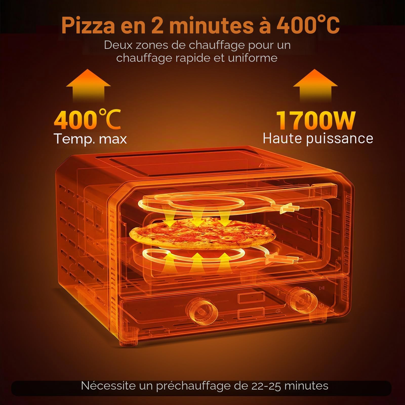 FANTASK Four à pizza électrique jusqu'à 400 °C, 6 programmes, fonction de cuisson en 2 minutes, pierre à pizza et roue de coupe, appareil à pizza d'intérieur