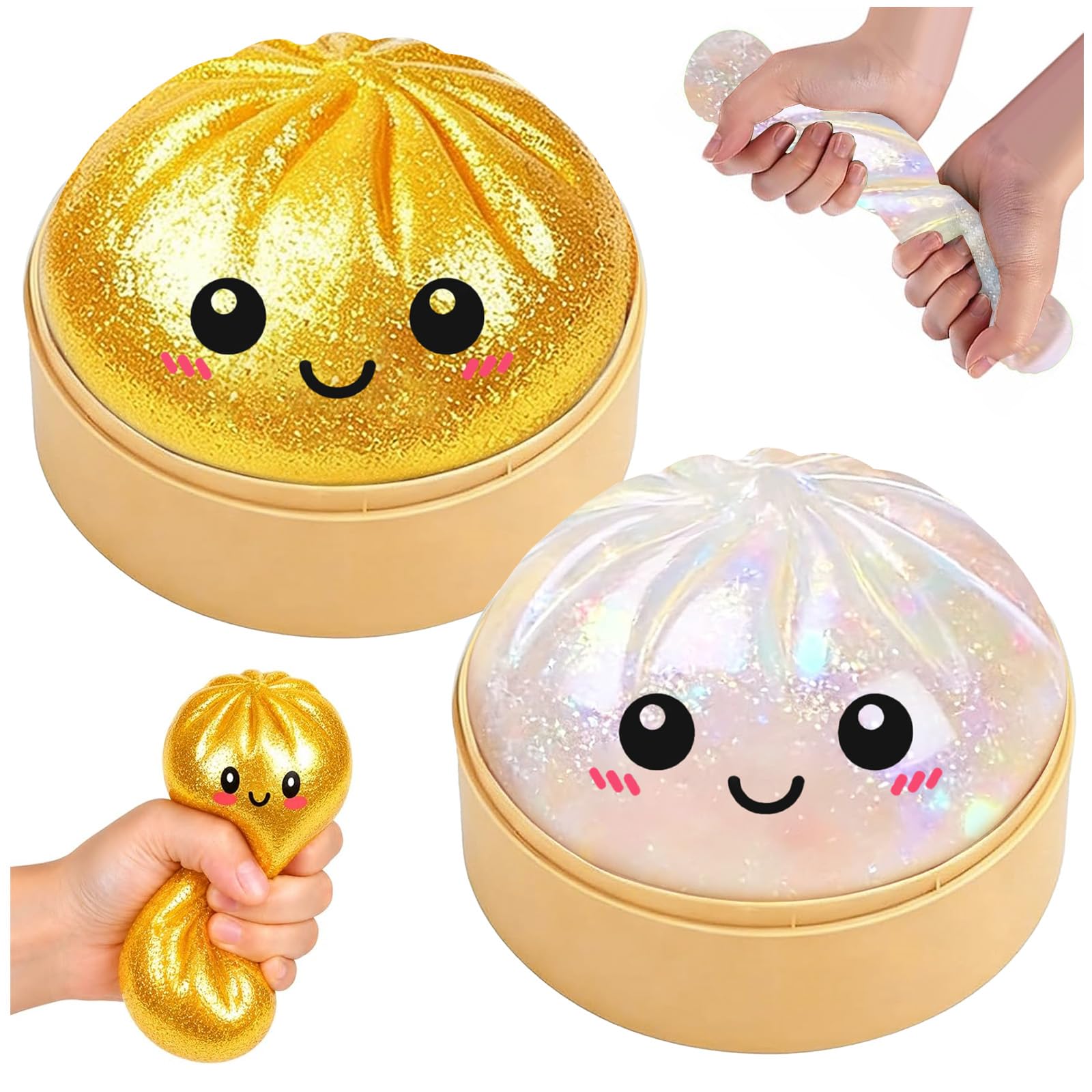 Giant Glitter Toys Dumpling Squishy,2 pcs Dumpling Squishy Stress Balls,Squishy Dumplings Toy with Steamer Box,Soft Squeeze Dumplings Squishys,Cute Soft Glitter Calming for Stress Relief,Boys Girls