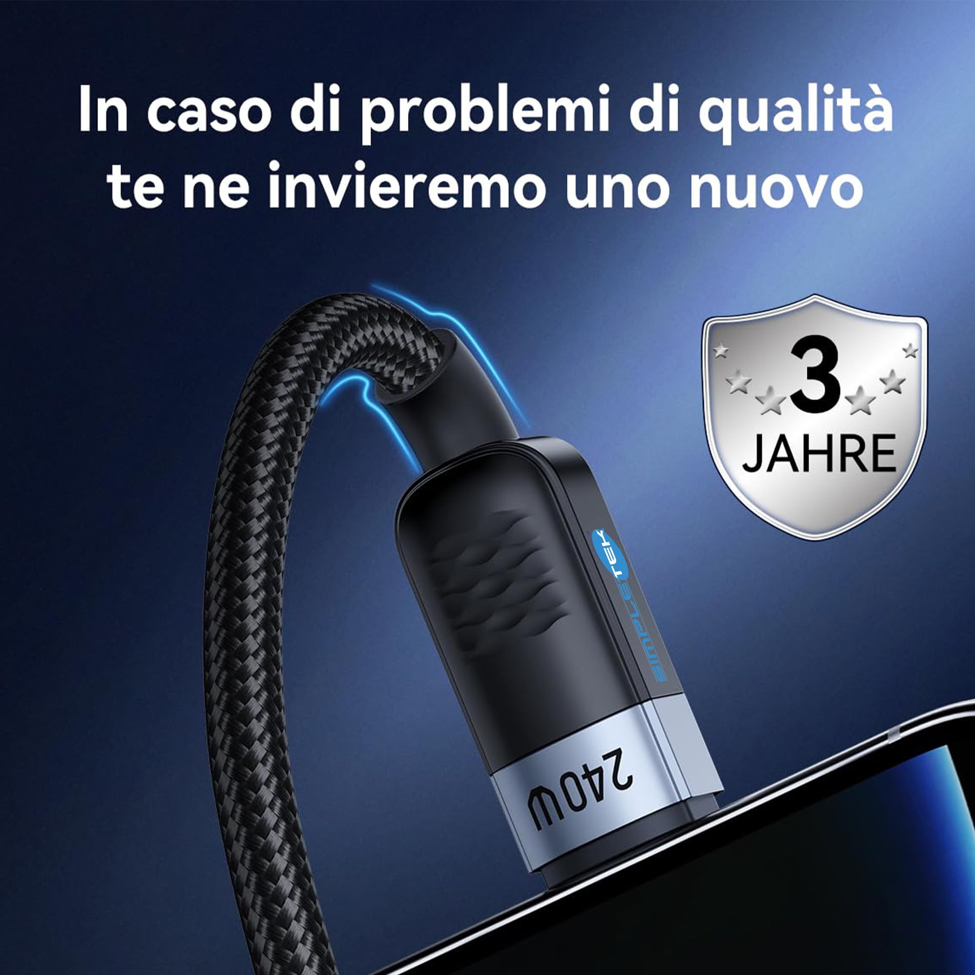 SIMPLETEK - Kit 2 Kabel USB-C auf USB-C 240W 2m PD 3.1 Nylon E-Mark | 2 Stück 2m USB-C auf USB-C Kabel mit Schnellladeunterstützung bis zu 240W PD 3.1, Nylonmantel und sicherem E-Mark-Chip