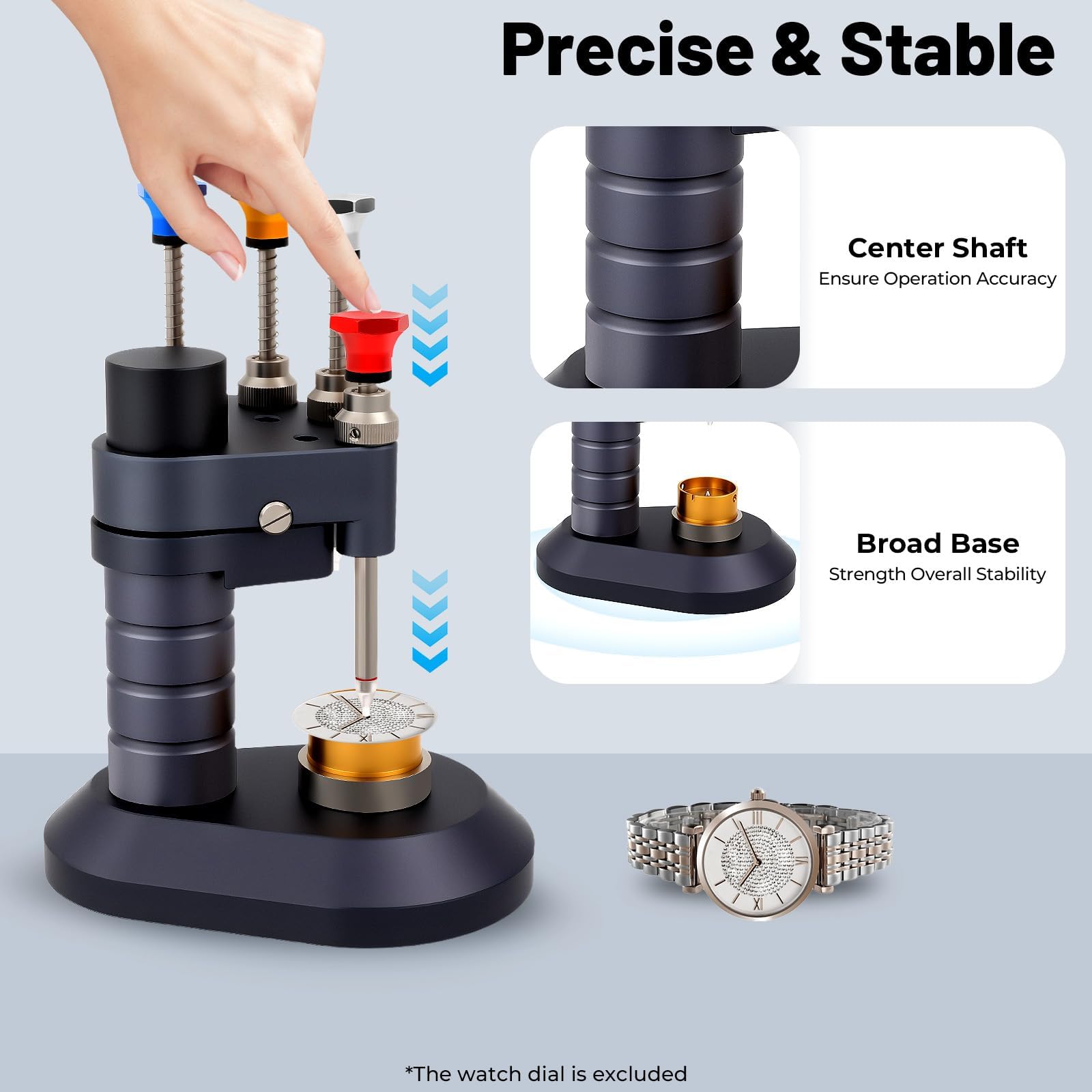 Prensador de manecillas de reloj de 4 pines, herramienta de ajuste de mano de reloj de aluminio con 4 puntas y base, kit de instalación de agujas de alta precisión para relojeros y talleres de