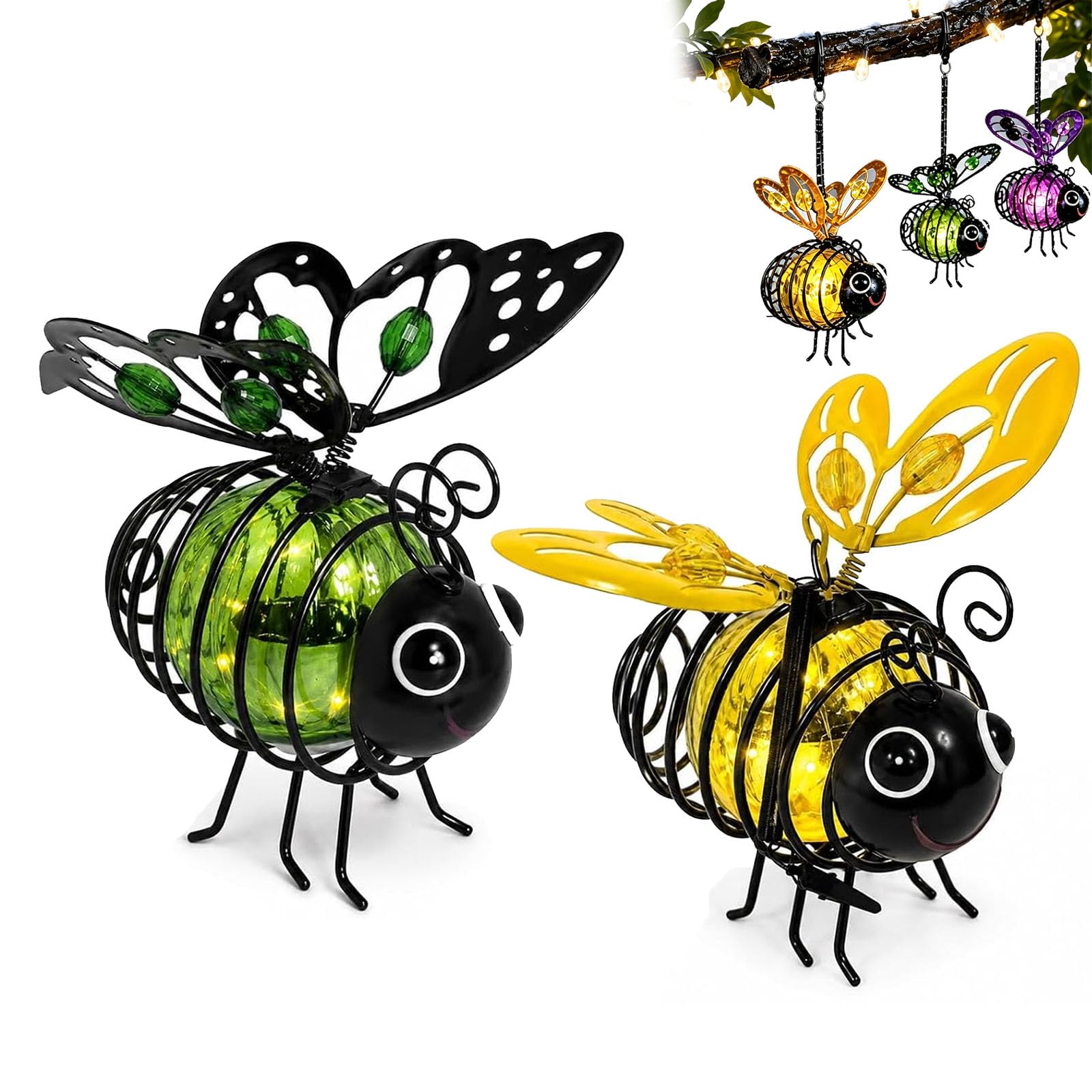 Hanging Solar Bee Light, Solar Globe Bee Lantern, Hanging Solar Bee Light Outdoor Decor, Waterproof Solar Powered Insect Ornament, with Bouncy Springs Tree Porch Backyard Balcony (Yellow+Green)