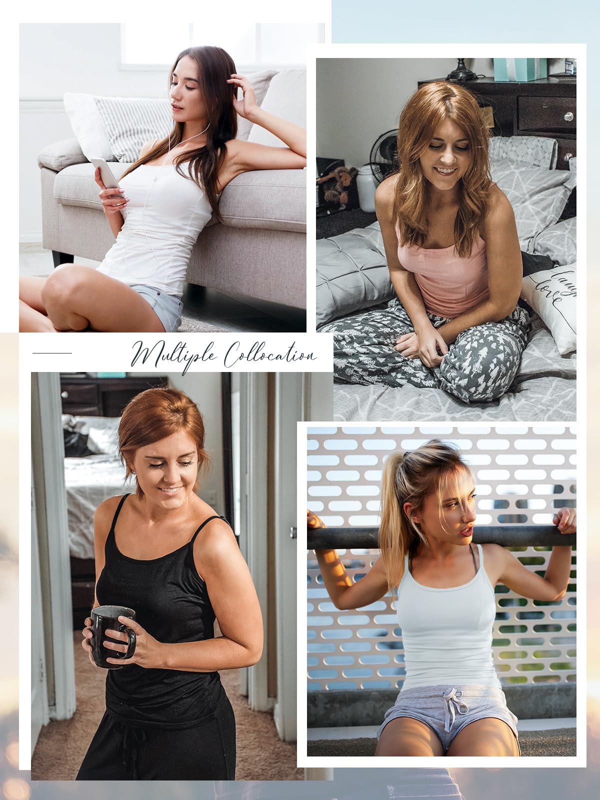 Lot de 4 débardeurs réglables pour femme - Bretelles spaghetti - Basic Camisole - Ultra doux - Superposition