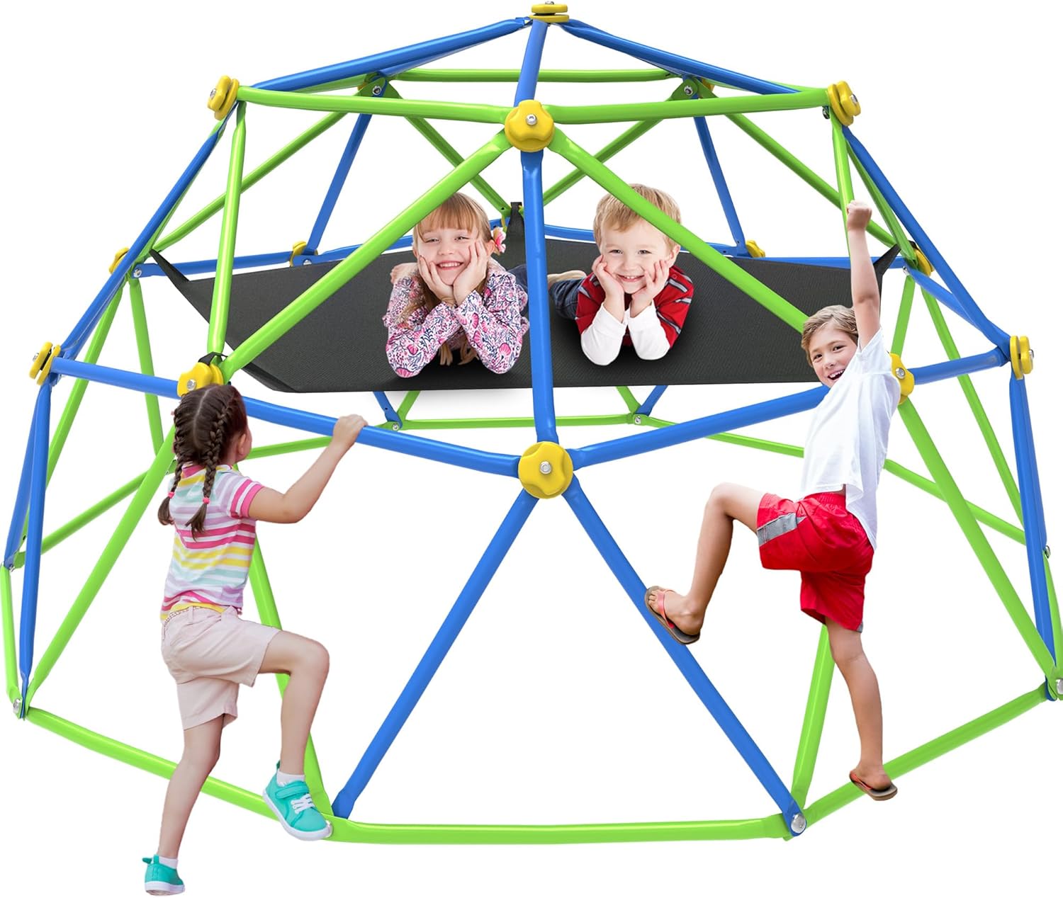 GVDV 10FT Climbing Dome with Hammock, Outdoor Jungle Gym for Kids, Geometric Dome Climber Supporting 880 Lbs Anti-Rust Metal Outdoor Play Structure ASTM Approved Blue & Green