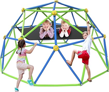 GVDV 10FT Climbing Dome with Hammock, Jungle Gym for Kids 3-12, Outdoor Climbing Toys Supporting 1000 Lbs, Anti-Rust Metal Dome Climber, ASTM Approved, Blue & Green