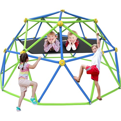GVDV 10FT Climbing Dome with Hammock, Jungle Gym for Kids 3-12, Outdoor Climbing Toys Supporting 1000 Lbs, Anti-Rust Metal Dome Climber, ASTM Approved, Blue & Green