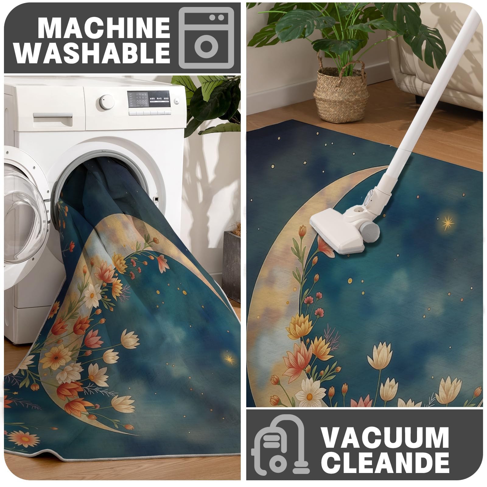 Tapis Rond 120cm, Lune Fleurs Ciel Étoilé Imprimé Décoration Antidérapant Bleu Rêveur Romantique Tapis de Sol, pour Salon Chambre Cuisine Balcon Terrasse Salle à Manger - Facile À Nettoyer