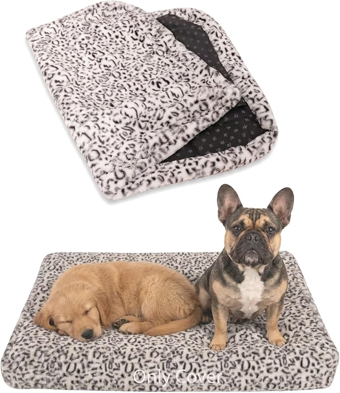 Capa para Cama de Cachorro em Pelúcia Sintética, Lavável e Impermeável, Estampa Leopard Print Black-White, Grande, 91,44 x 71,12 x 10,16 cm