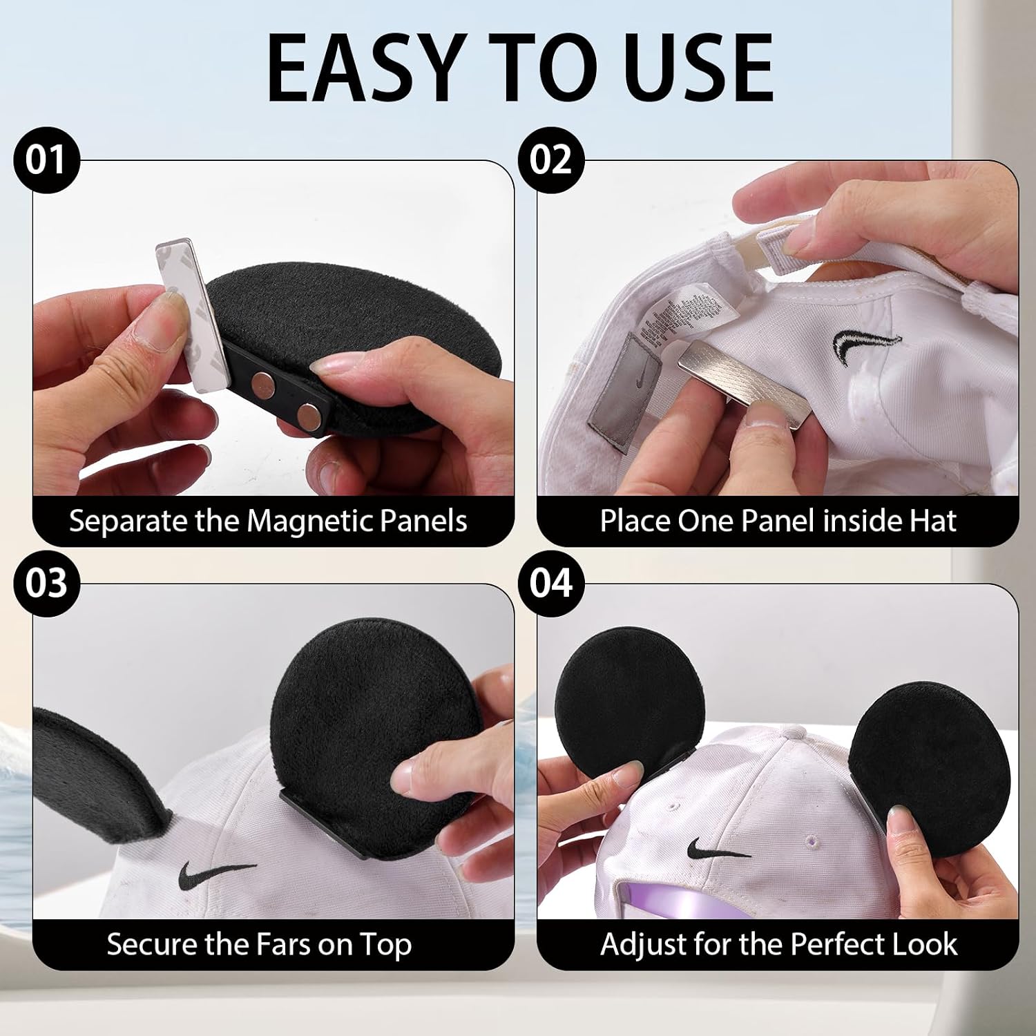 ZIYIZE Magnetic Mouse Ears for Hats, Removable Magnet Ear for Cap, Clip-On Hat Accessory, Theme Parks Halloween Cosplay