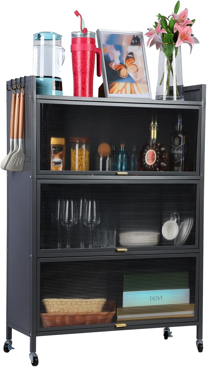 4 Tier Kitchen Storage Cabinet, Kitchen Bakers Rack with Visible Doors, Standing Kitchen Shelf, Kitchen Appliance Cabinet, Microwave Cabinet for Kitchen Hutch, Large Kitchen Cabinet for Dishes, Pots