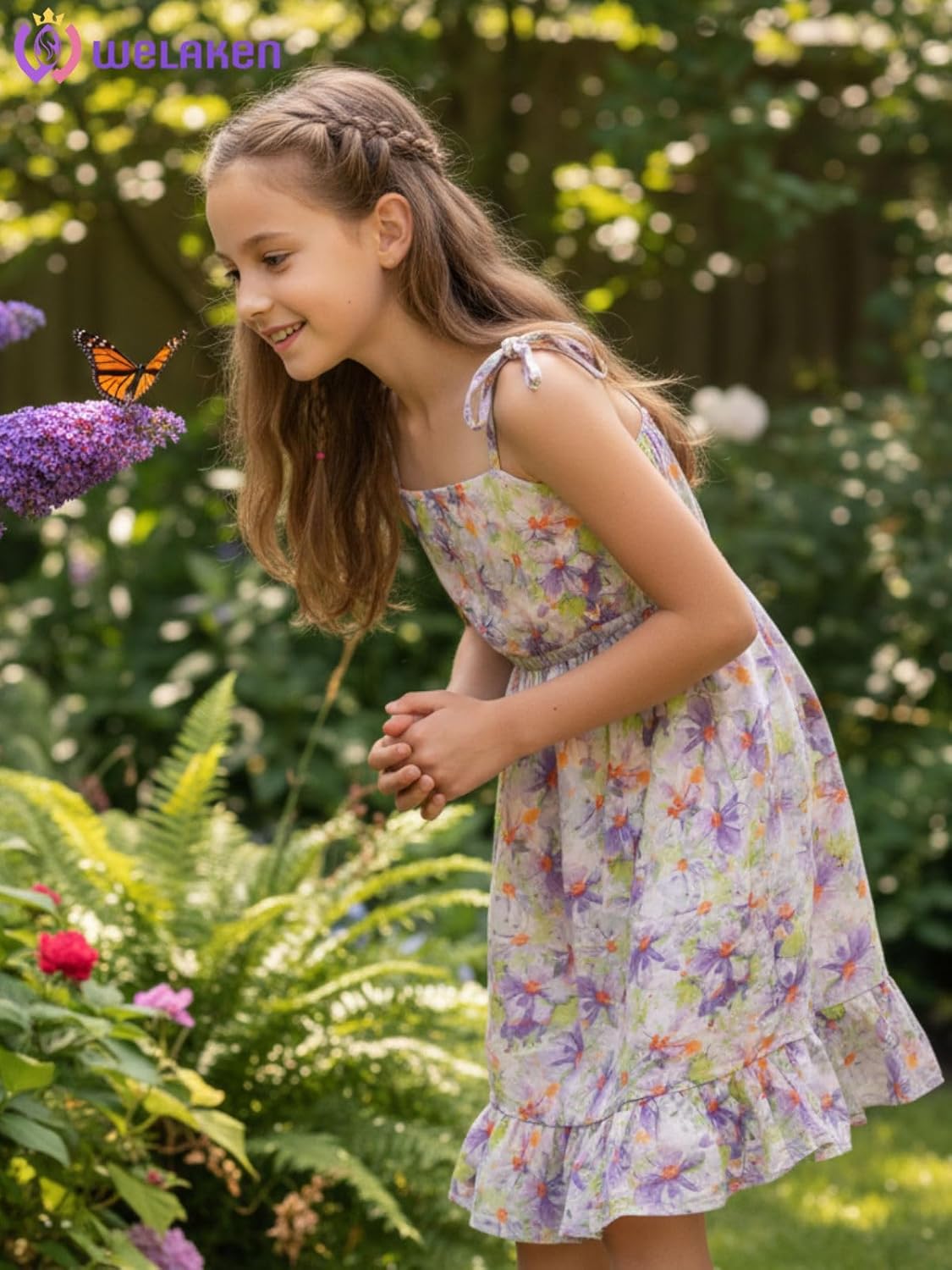 WELAKEN Girls Summer Dresses Flutter Sleeve Criss Cross Back A-Line Sundress - Image 3