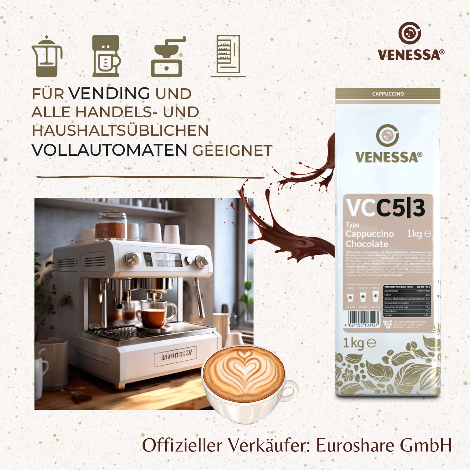 VENESSA Cappuccino Chocolate VC5/3 kremowa gorąca czekolada, kakao w proszku, 20 x 1 kg, z rozpuszczalną kawą i kakao w proszku, nadaje się do wszystkich ekspresów do kawy i Vending