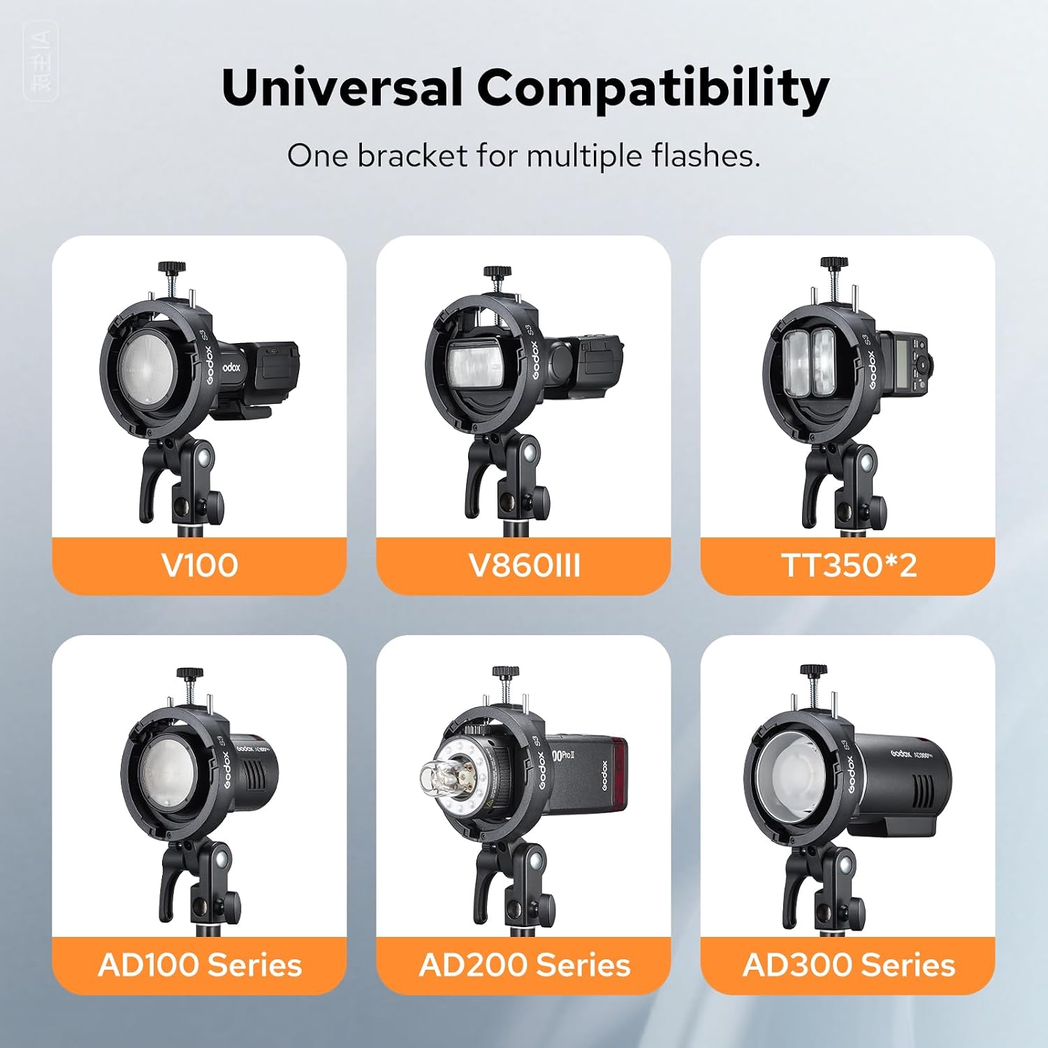 Godox S3 Bowens Mount Flash Bracket, Compact & Lightweight with ±90° Tilt, Non-Slip Silicon Padding for Stable Setup, for AD300/AD200/AD100 Outdoor Flash, for V100/V1Pro/V1/V860III Speedlite