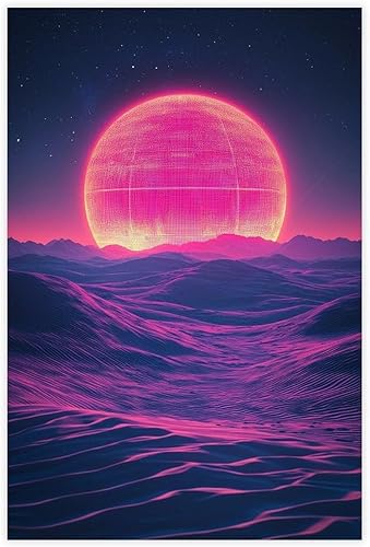 XAHOR Retro Futuristic Wall Art Synthwave Desert Sunset Poster, Neon 80s Aesthetic for Bedroom Decor Canvas Wall Art Print Poster For Home School