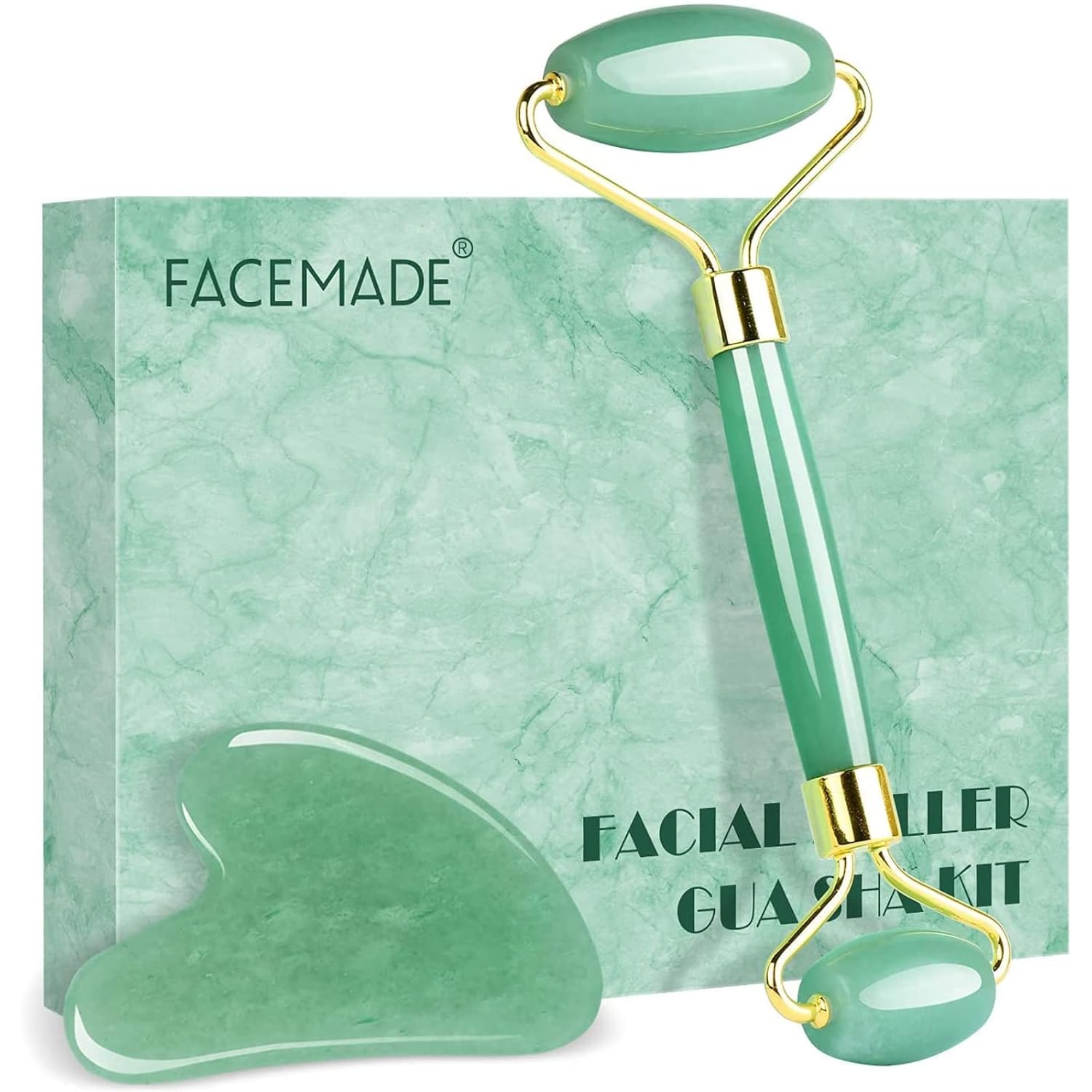 FACEMADE Gua Sha and Jade Roller, Guasha Massage Facial Tool for Eyes, Neck Body Skin Care, Beauty Natural Jade Stone for Relieving Wrinkles and Firming