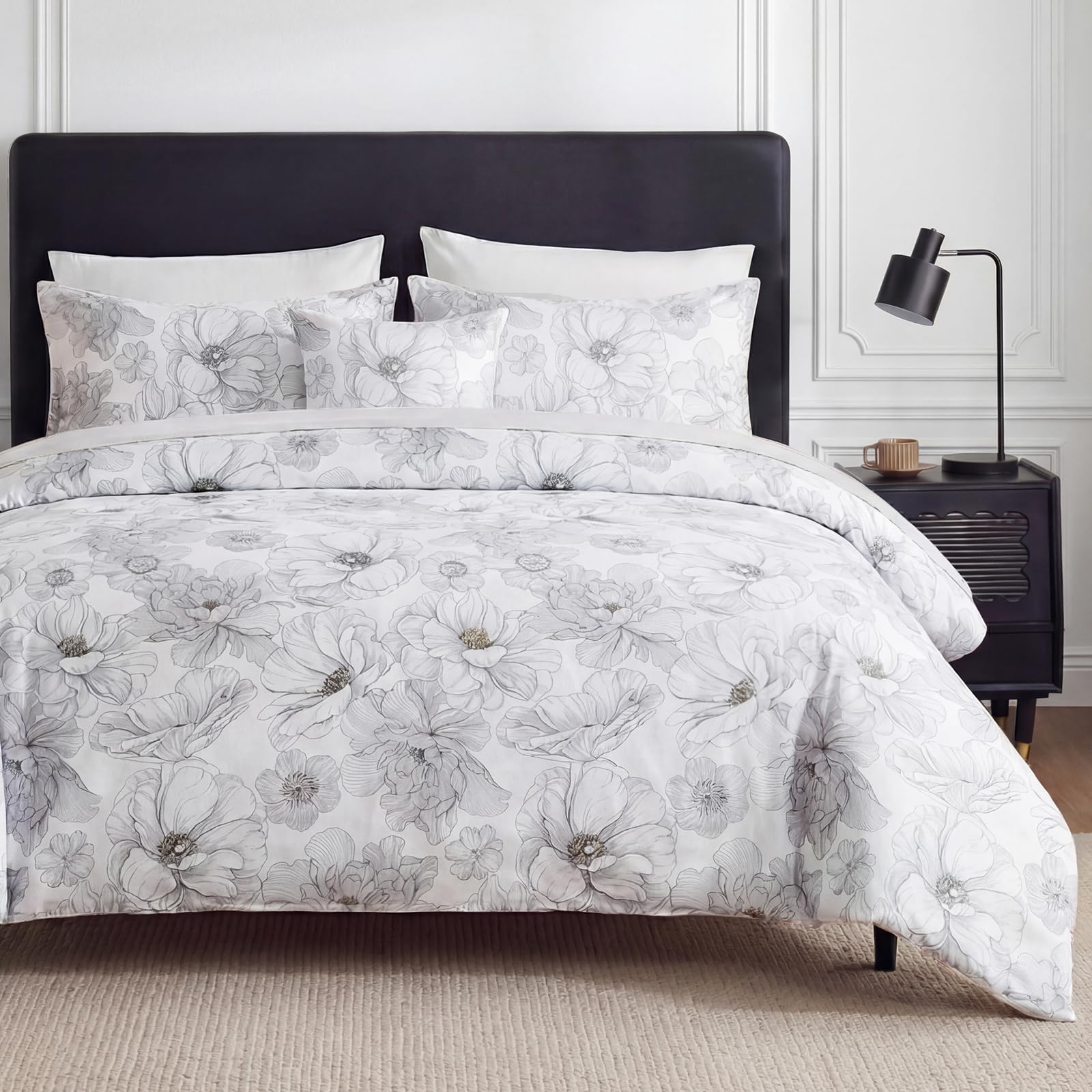 Herside 100% Cotton Floral Duvet Cover Set King Size, Ink Style Gray Sketch Floral Bedding Set, 3 Pcs with Zipper Closure & Corner Ties, Soft Breathable Duvet Cover for All Seasons