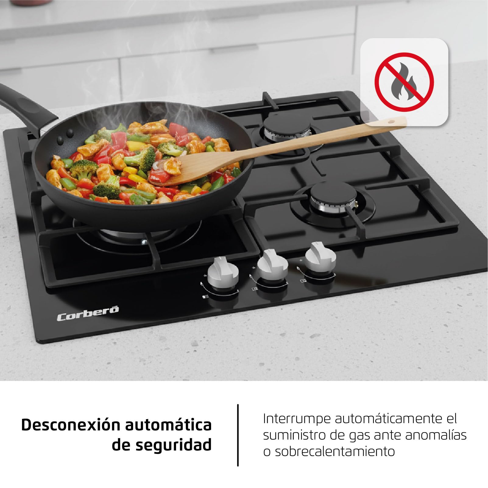 Corberó - Plaque gaz butane 60 cm| CPCGM3F3126N | Puissance 6,05 kW | 3 zones | Zone Wok | Auto-allumage | Couche de protection Clean+ | Arrêt automatique | Verre noir