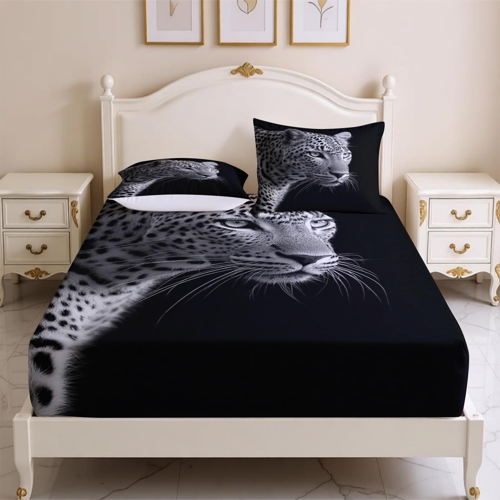 Lenzuolo con Angoli 180 x 200 cm Microfibra leopardo animale Lenzuolo Sotto Elasticizzato Profondo 25 cm nero per Letto Singolo e Matrimoniale