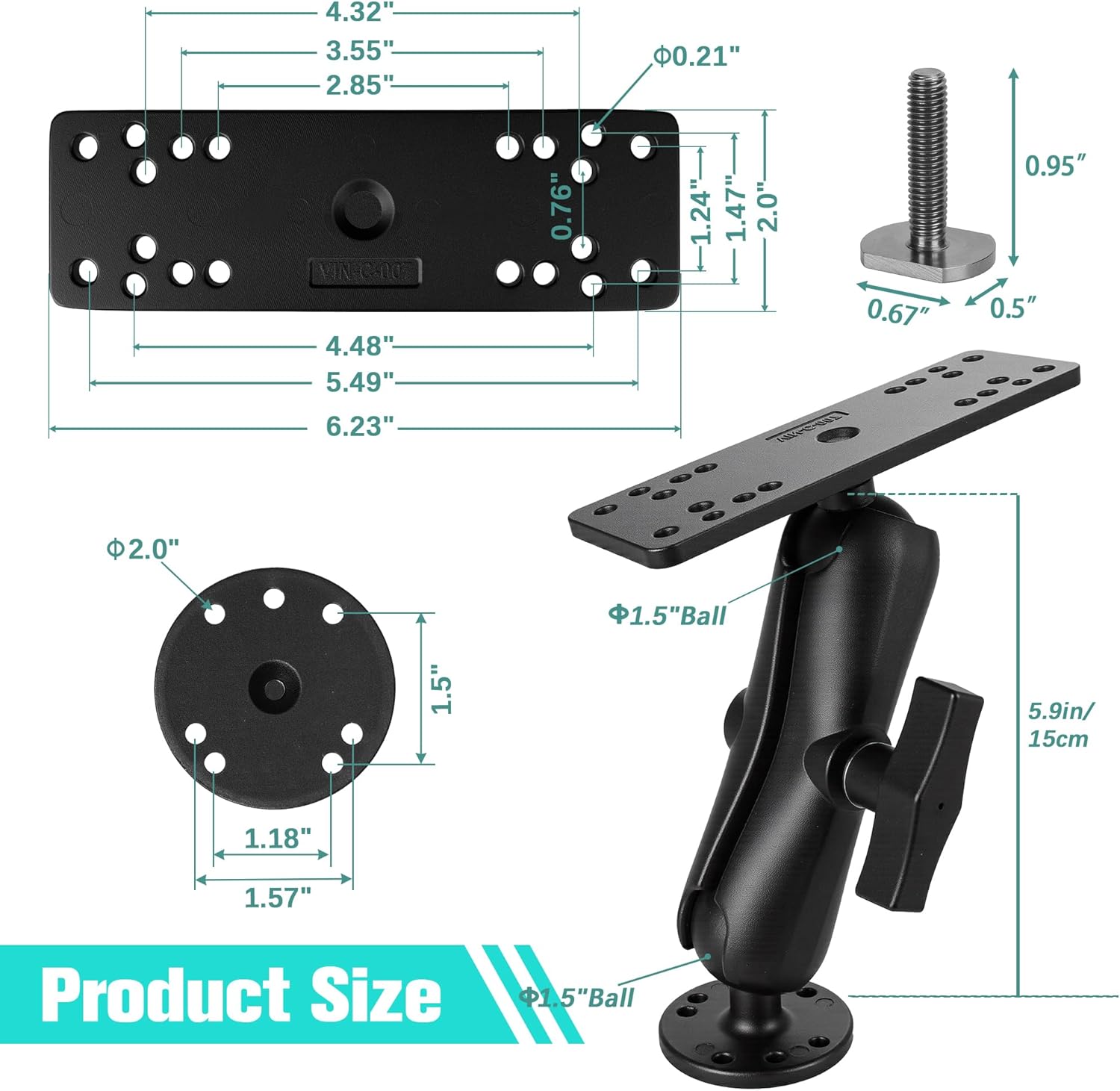 Aluminum Fish Finder Mount for Boat/Kayak,with T-Bolts for Kayak Tracks, 1.5" / C Size Ball, Compatible with Garmin, Lowrance, Humminbird Fishfinder