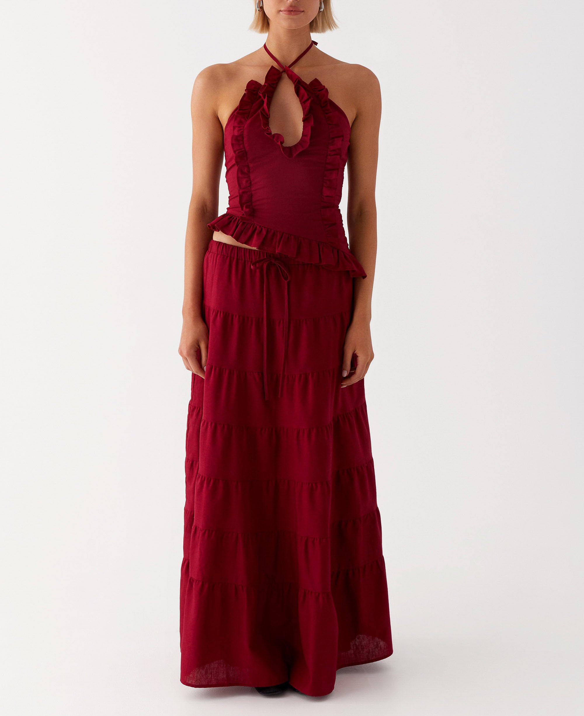 Damen 2 Stück Maxirock Set Y2k Halter geraffte Cami Top Tiered Flowy Ruffle Rock Sommer Strand Outfits