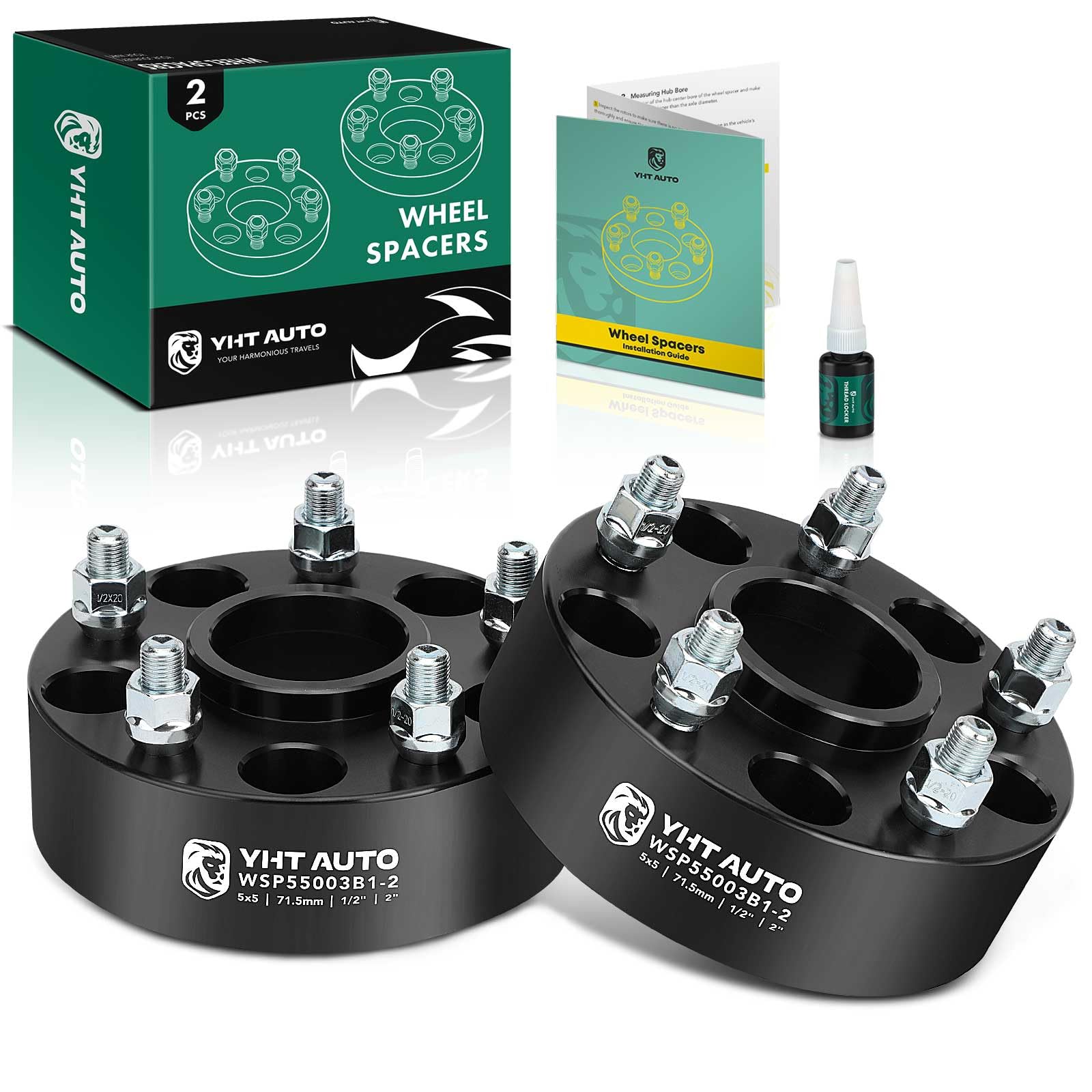 YHTAUTO 5x5 Wheel Spacers 2 Inch Compatible with 1999-2018 Jeep Grand Cherokee Wrangler Commander 5x127mm Tire Spacers w/ 1/2"-20 & 12.9 Grade Studs, 71.5mm Hub Bore 5 Lug 2PCS Black Wheel Adapter