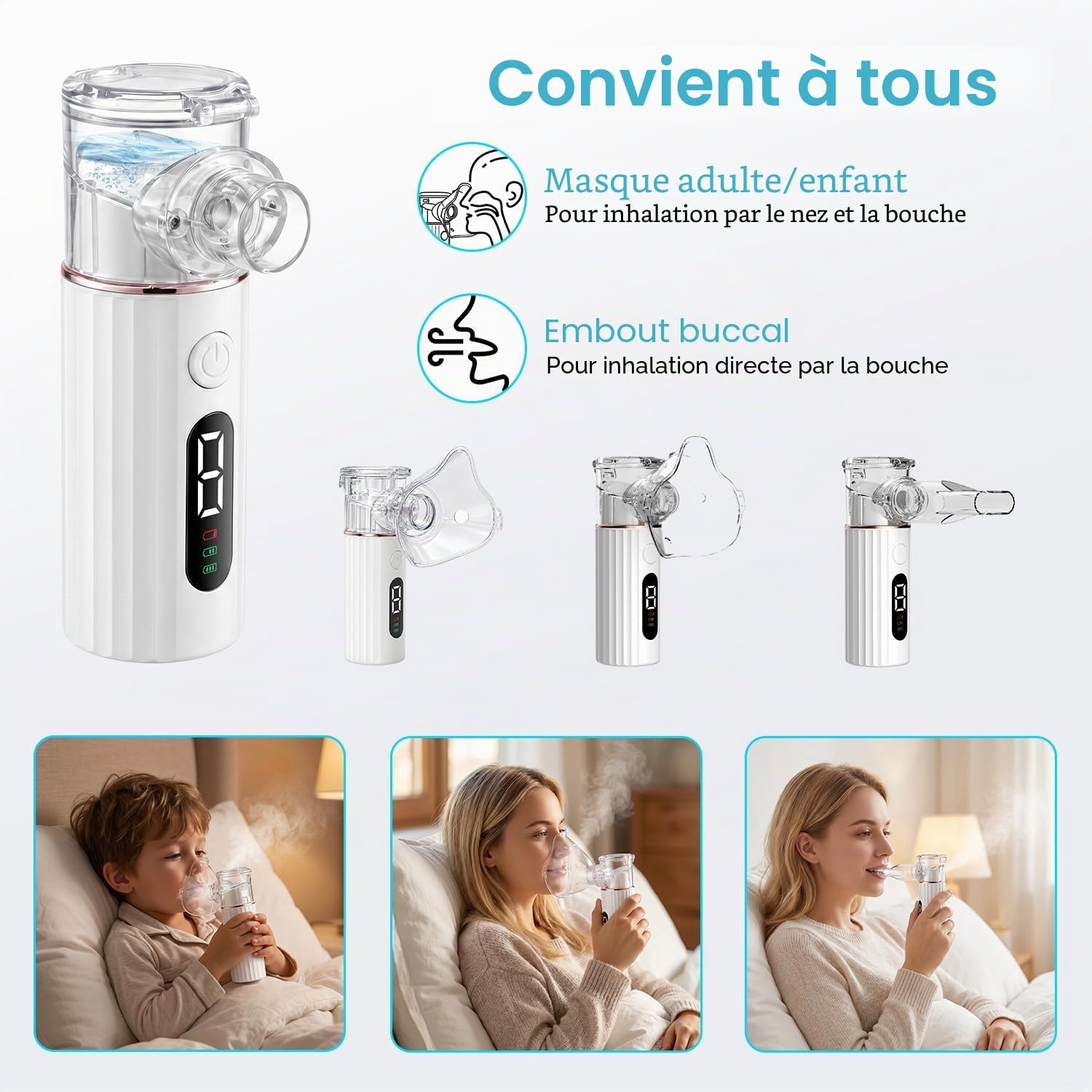 Nebulisateur Silent,Nebulisateur Portable USB-C Rechargeable pour Adultes et Enfants, Quantité de vapeur réglable，Nebulisateur à Ultrasons Avec 2 Masques et un Embout Buccal