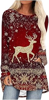 JIANGML Womens Christmas Long Sweatshirt Sparkling Reindeer Snowflakes Printed Jumper, Women\'s Elegant Pullover Xmas Ethnic Style Graphic Blouse Raglan Sleeve Tops Christmas Party Pullovers Plus Size