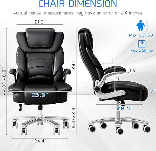 Miniatura 2 de GYI Silla de oficina grande y alta, asiento ancho de 400 libras, silla ergonómica de cuero con respaldo alto y brazos abatibles, color negro