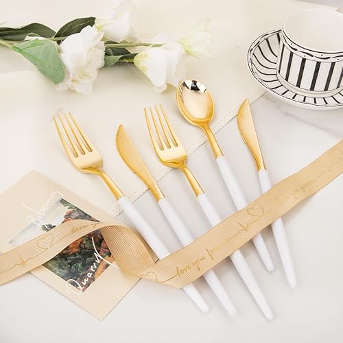 Miniatura 6 de I00000 60 cubiertos de plástico dorado  Cubiertos de plástico dorado resistente  Juego de cubiertos desechables incluye 20 tenedores dorados, 20