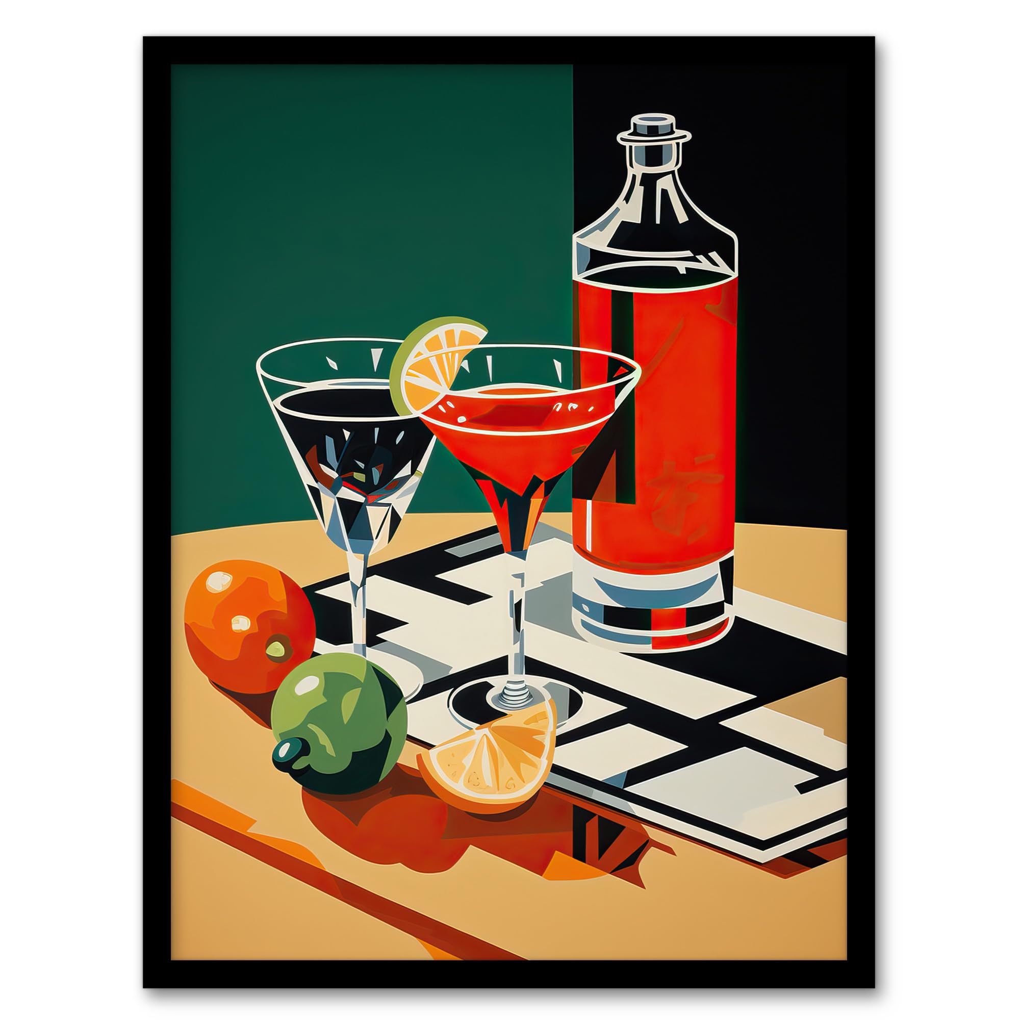 Wall Art Print - Negroni Aperitif Drinks - Red Orange Green Graphic Design - Framed - A4 Size