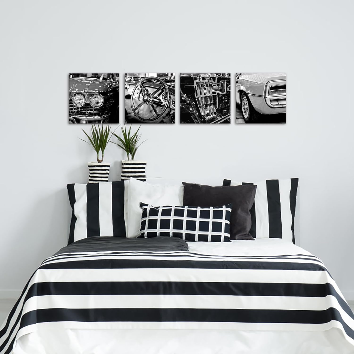 VANSEEING Black and White Vintage Car Canvas Wall Art American Retro Vehicle Engines Steering Wheel Cool Classic Pictures Posters Wall Decor for Men's Boys Room Bedroom 12''x12''x 4 Panels