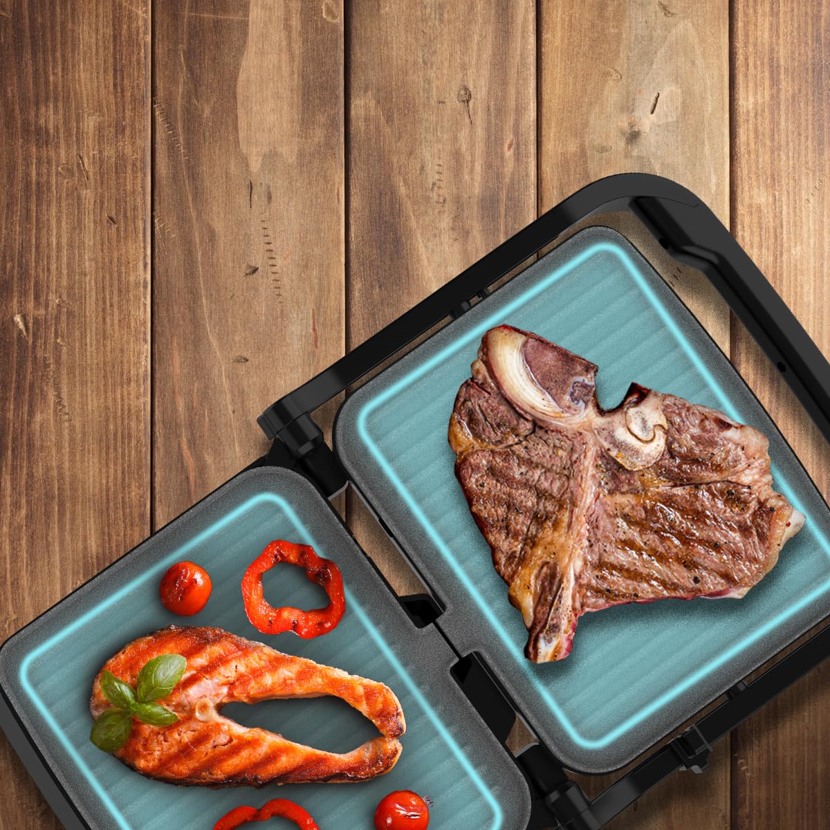 Cecotec Rock'nGrill Elektrogrill 1500 Full Open, 1500W, Öffnung 180°, RockStone, Antihaftbeschichtung, schwimmende Platte, Fettauffang, vertikale Lagerung, einstellbare Temperatur, 281 x 173 mm
