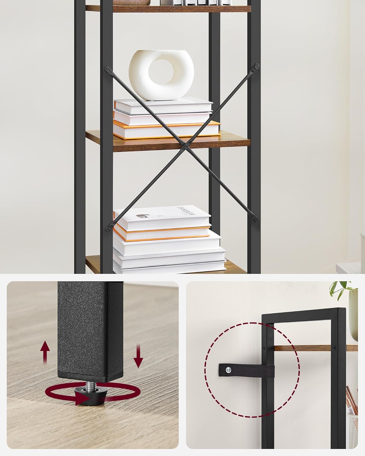 Close-up of bookshelf stability features