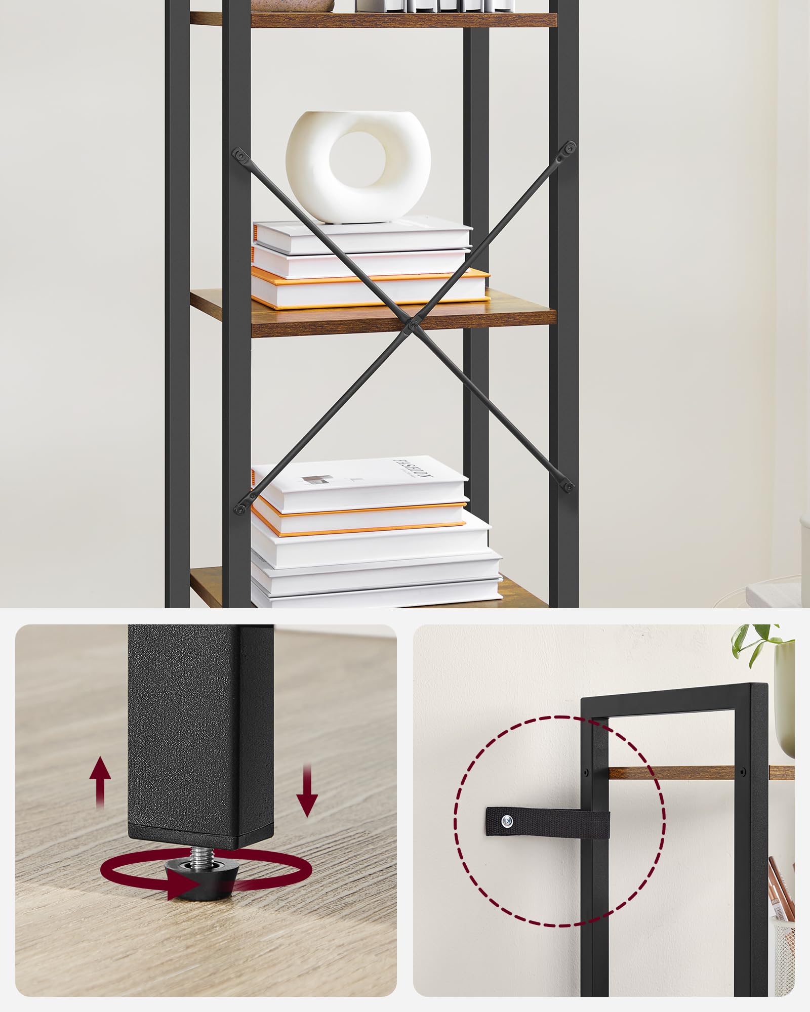 VASAGLE Librería de 5 Niveles, Biblioteca, Estantería para Oficina, Estudio, Sala de Estar, Dormitorio, 30 x 40 x 153 cm, Industrial, Marrón Rústico y Negro Tinta LLS100B01
