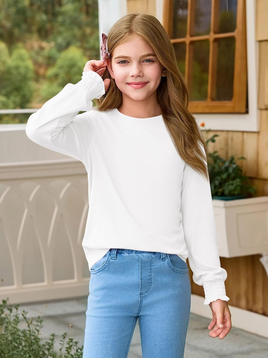 Haloumoning Girls Long Sleeve T Shirts Kids Fall Crewneck Tops Casual Smocked Cuffs Tees 5-14 Years - Image 3