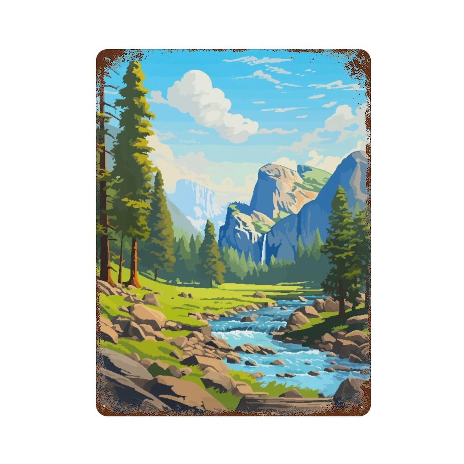 Yosemite Spring Pixel Art Rusty Metal Tin Sign 15.7"x11.8", Ideal for Farmhouse, Kitchen And Entryway Decor