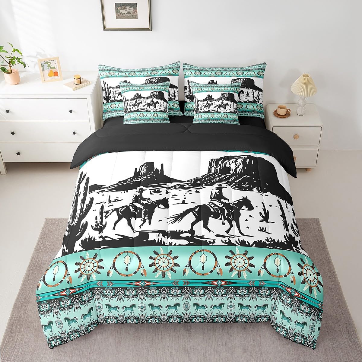 Feelyou Green Western Bedding Set Queen Size Horse Cowboy Comforter Set 7 Pieces Southwestern Geometric Rustic Western Bed in a Bag Wild Western Cowboy Bed Set with Comforter, Sheet Set, Pillowcases