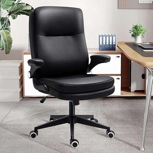 CLATINA Silla de oficina ergonómica con brazos abatibles de 350 libras, sillas de escritorio ejecutivas de cuero negro, silla de trabajo giratoria