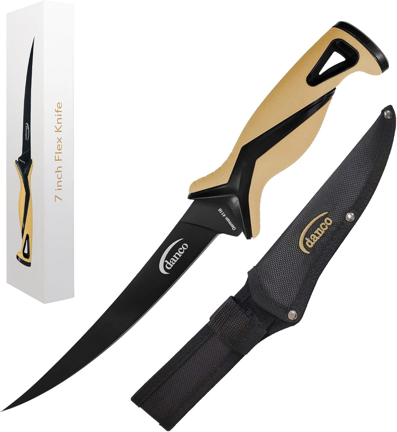 danco Pro Series 7" Fillet Knife | Full Tang German G4116 Stainless-Steel Blades with Teflon Coating, Molded Nylon Sheath, Perfect for Saltwater Fishing & Hunting