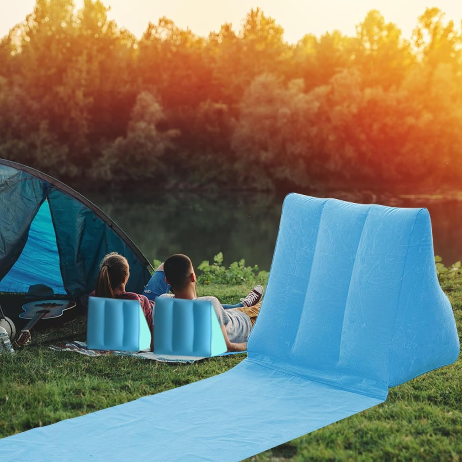 VPGS Beach Reclining Lounger Sun Lounger Portable Leisure Inflatable Beach Mat Foldable Waterproof Flocking Back-Rest for Indoor Outdoor Home Camping 1