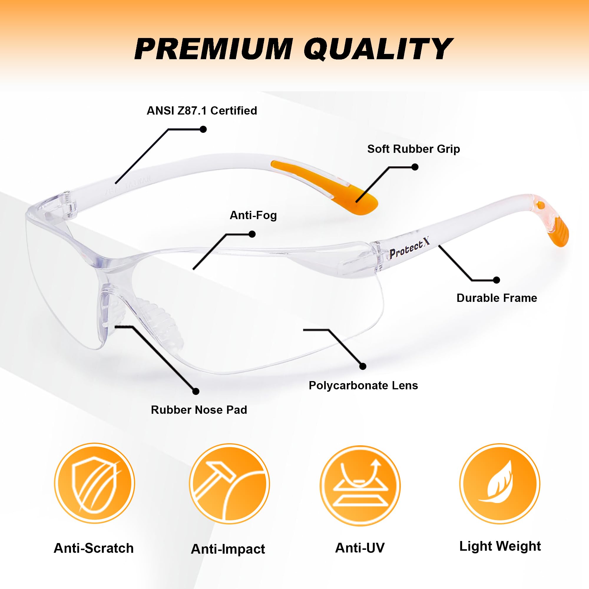 ProtectX Schutzbrille ANSI Z87.1 mit klarem, kratzfestem, beschlagfreiem Glas, rutschfeste Griffe, UV-Schutz, transparenter und orangefarbener Rahmen, 12 Stück (transparent)