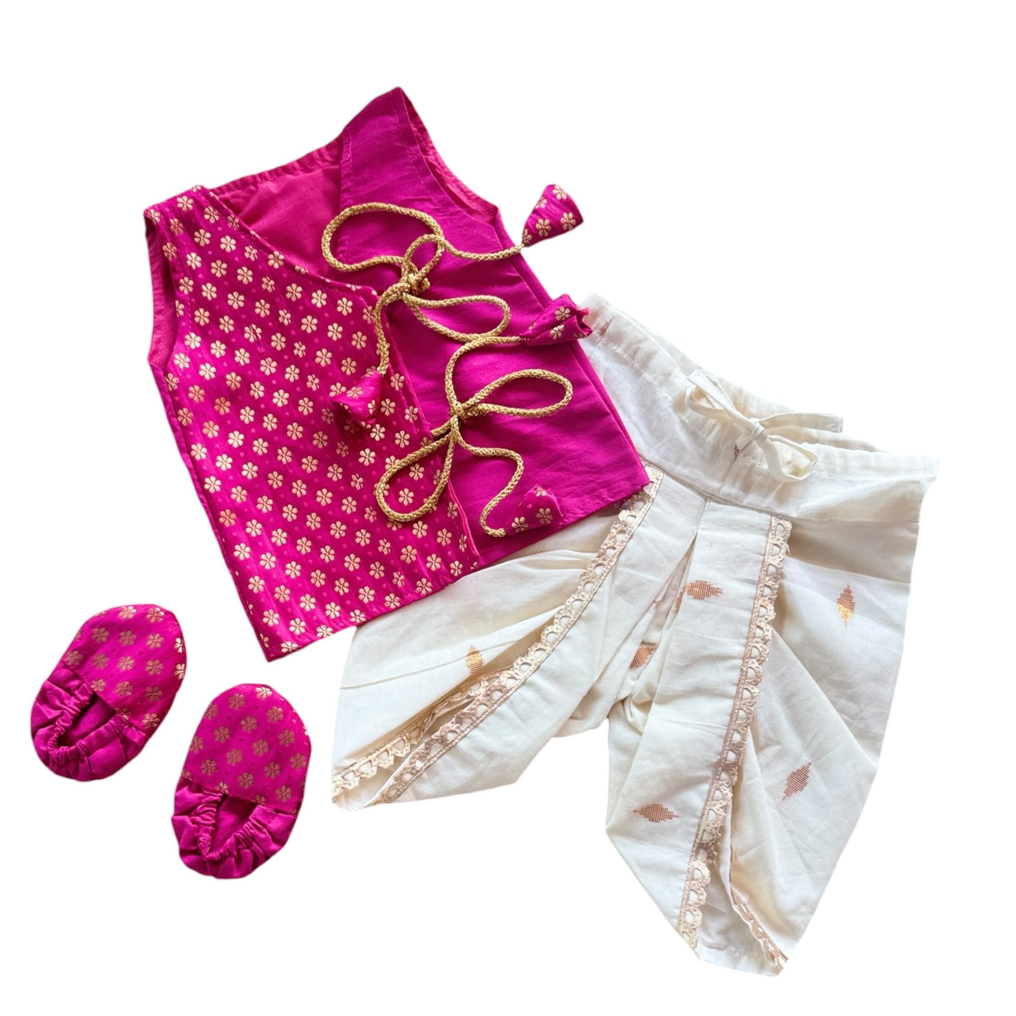 picksparrow Boys Traditional Jhabla Dhoti Set with Booties, Silk Cotton Top with Cotton Lurex Pants (Floral-Diamond)-picture-34