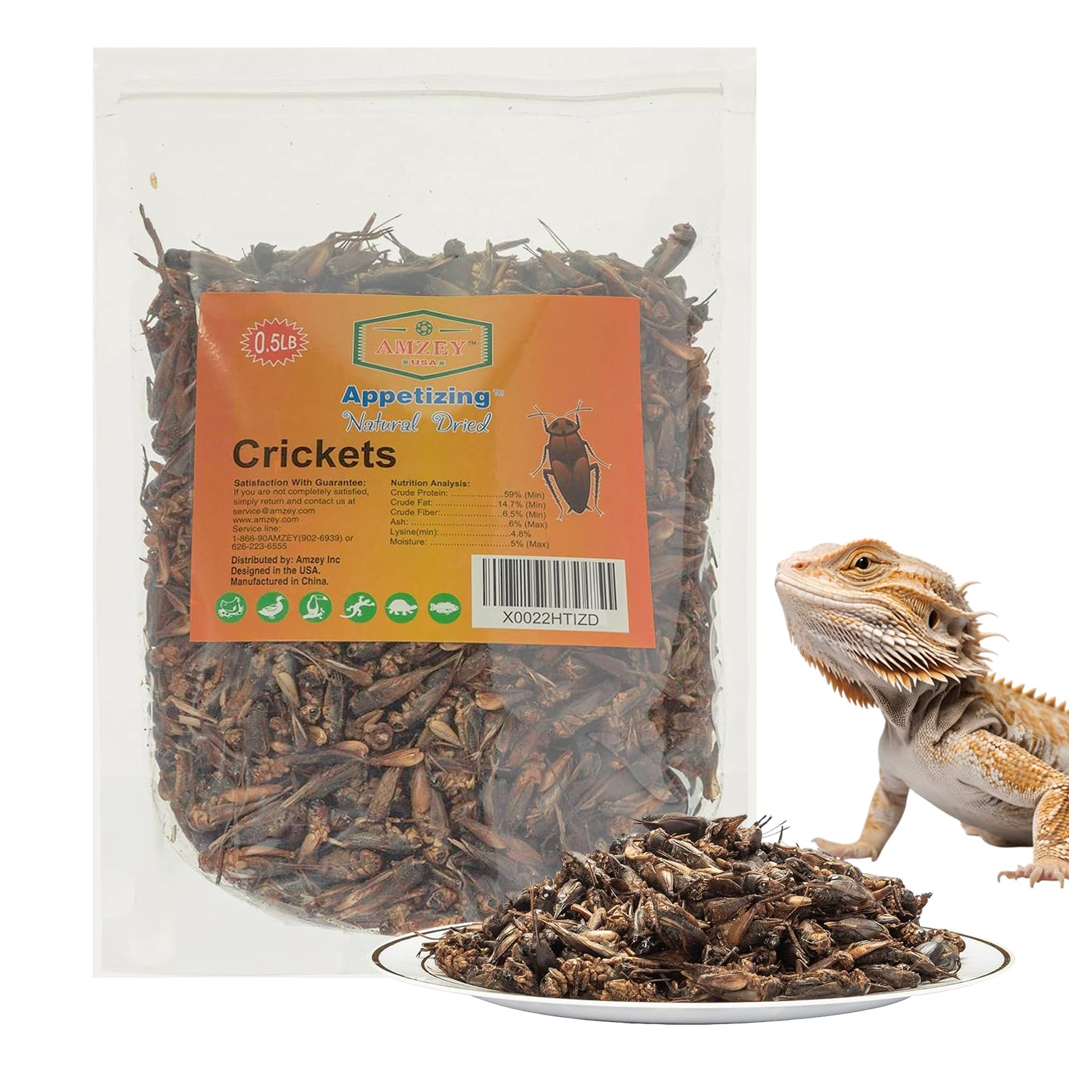Amzey Appetizing Mealworms Natural Dried Crickets - Food for Bearded Dragons, Wild Birds, Chickens, Fish - (8 oz Resealable Bag) - Veterinary Certified